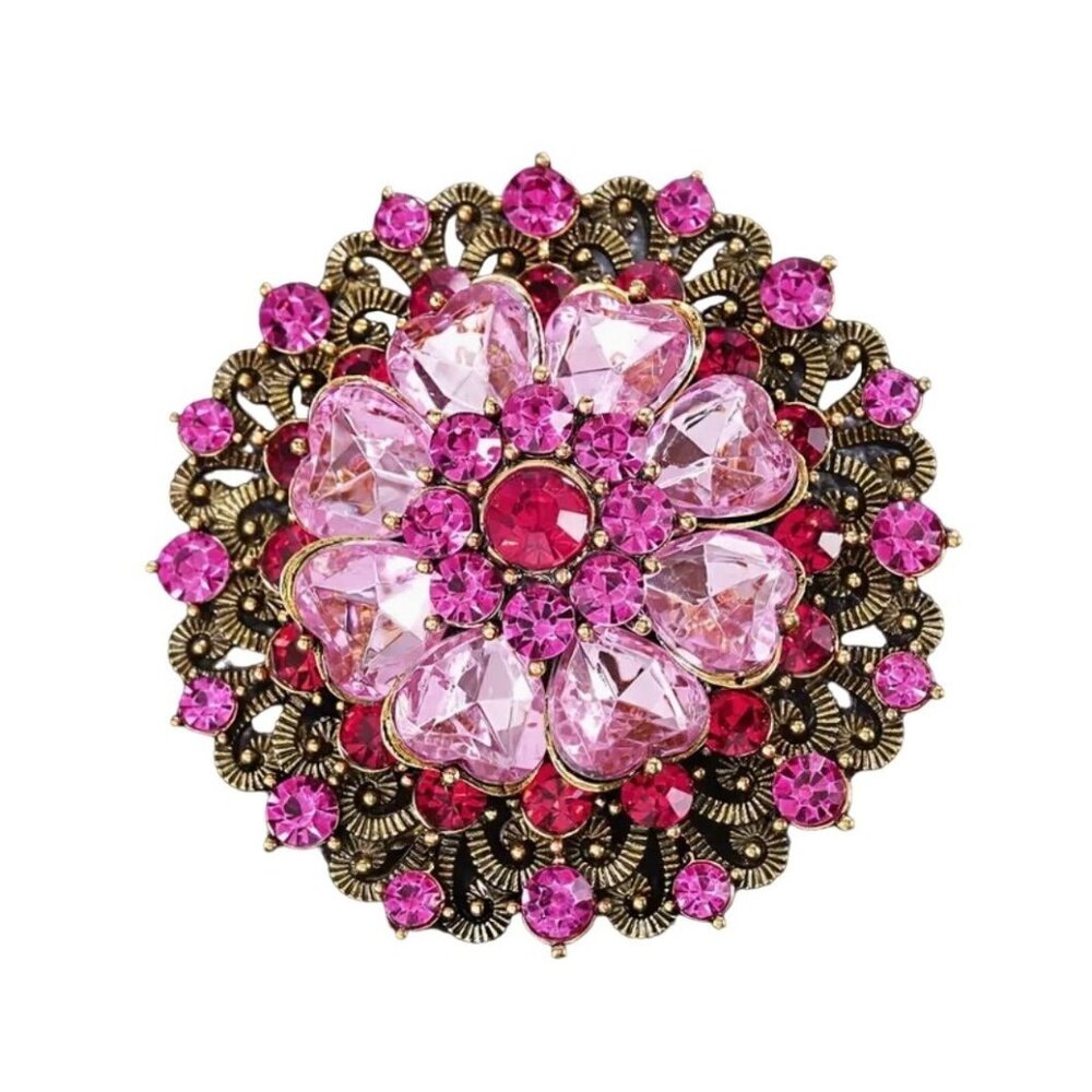 Floral Crystal Brooch Pin With Pink & Red Rhinestones Gold Tone
